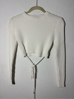 Women's Ribbed Tie-Front Cropped Long Sleeve Sweater- Cream/ Off-White S
